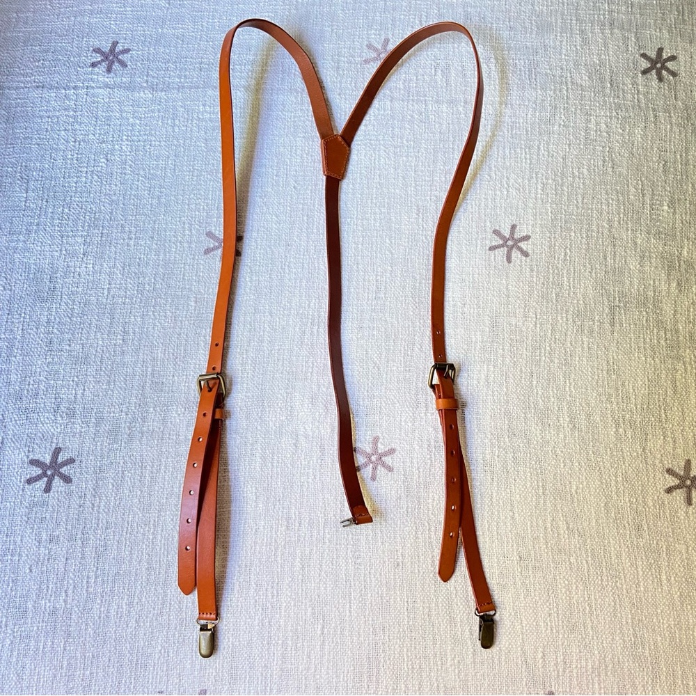 SOLD Men’s leather suspenders large 6’ + camel orange brown adjustable retro